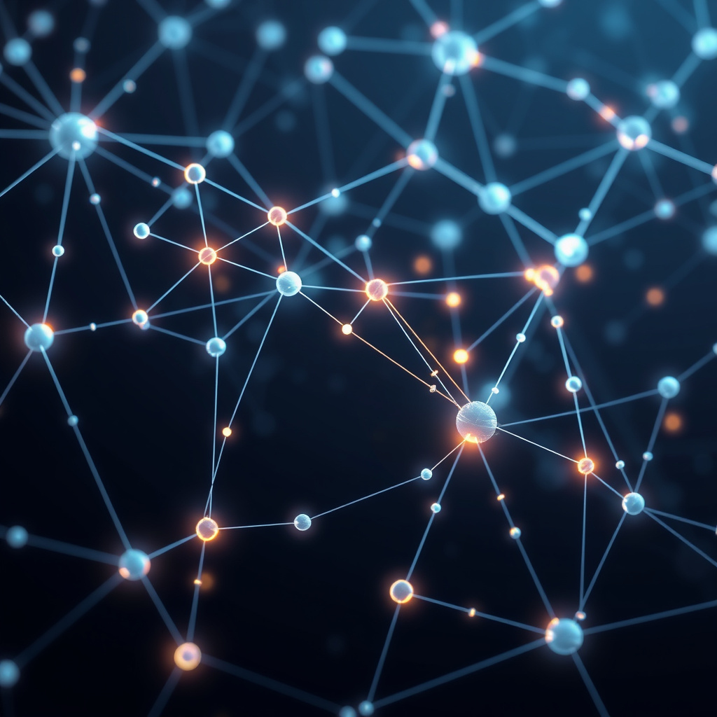 Digital network visualization showing ethereum connections, crystalline structures, glowing nodes... (generated by AI)