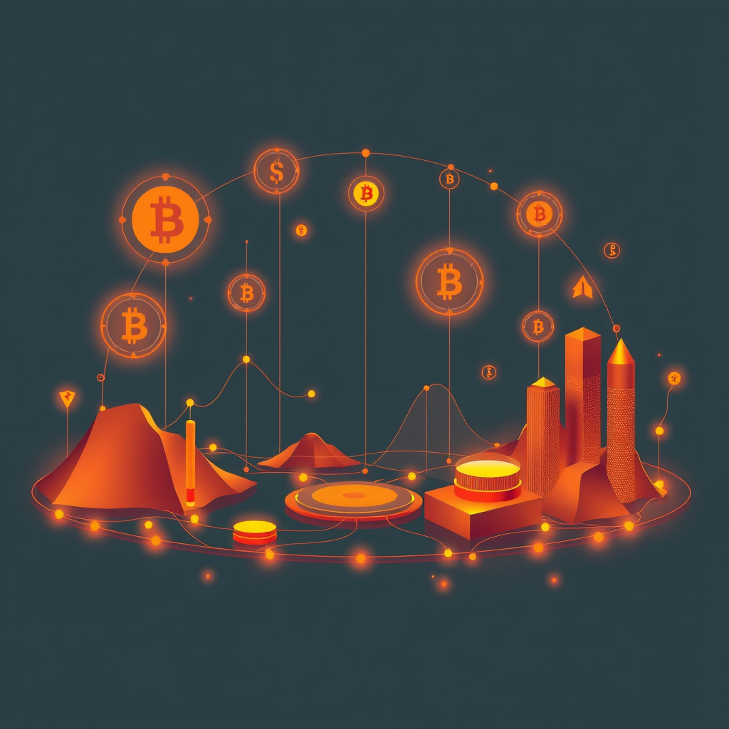 Digital cryptocurrency ecosystem visualization, amber and copper tones, modern abstract art, glow... (generated by AI)