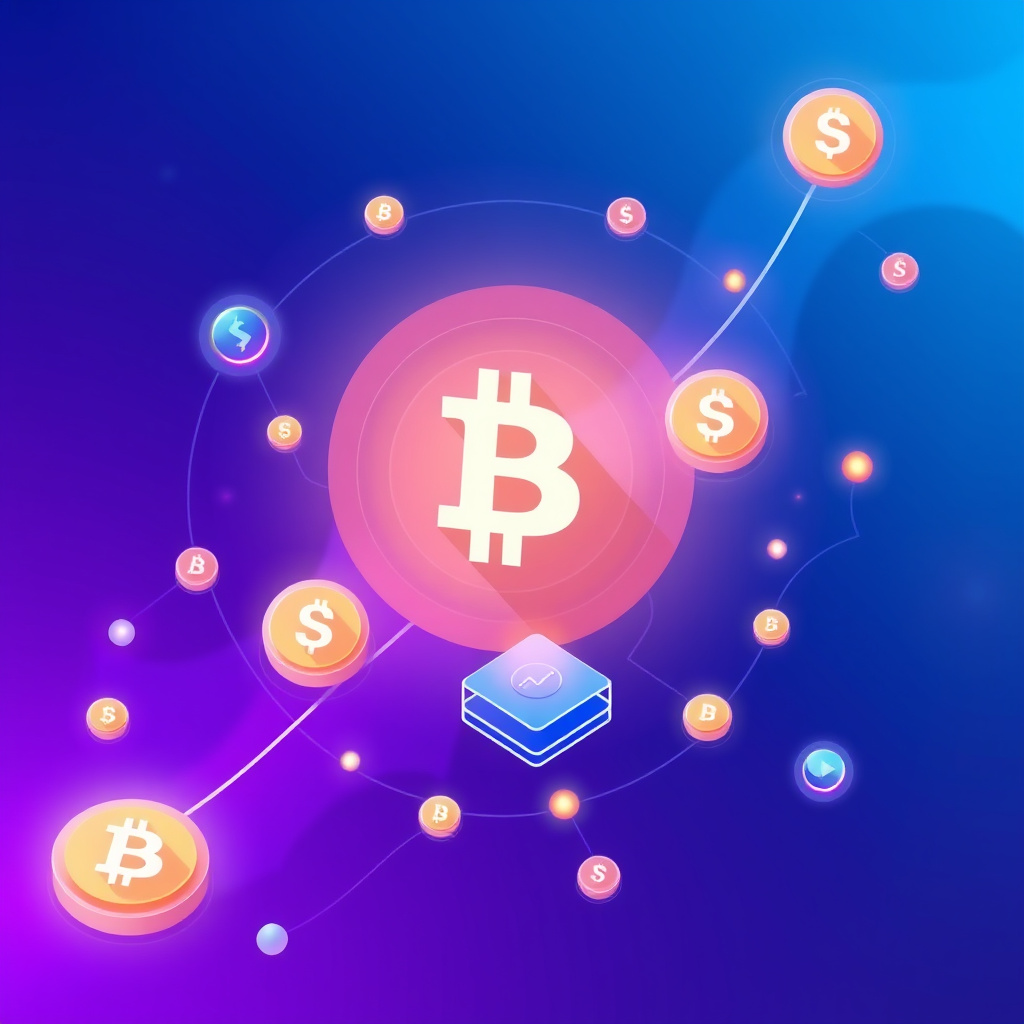 Digital cryptocurrency ecosystem visualization, blue and purple gradients, modern abstract art, g... (generated by AI)