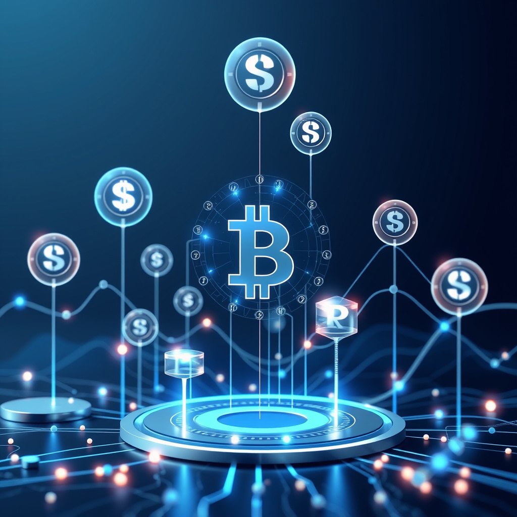 Digital cryptocurrency ecosystem visualization, silver and blue accents, modern abstract art, glo... (generated by AI)