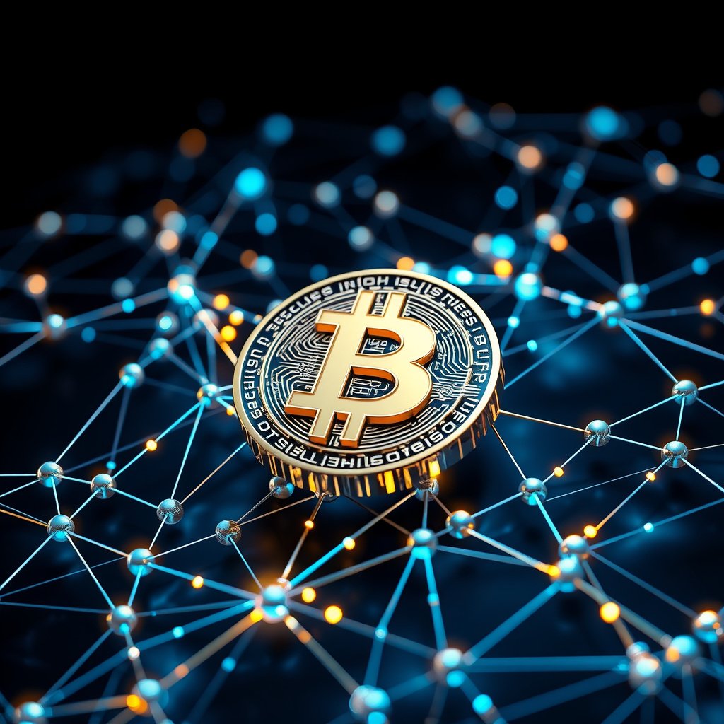 Blockchain network visualization, metallic surfaces, glowing digital connections, dark background... (generated by AI)