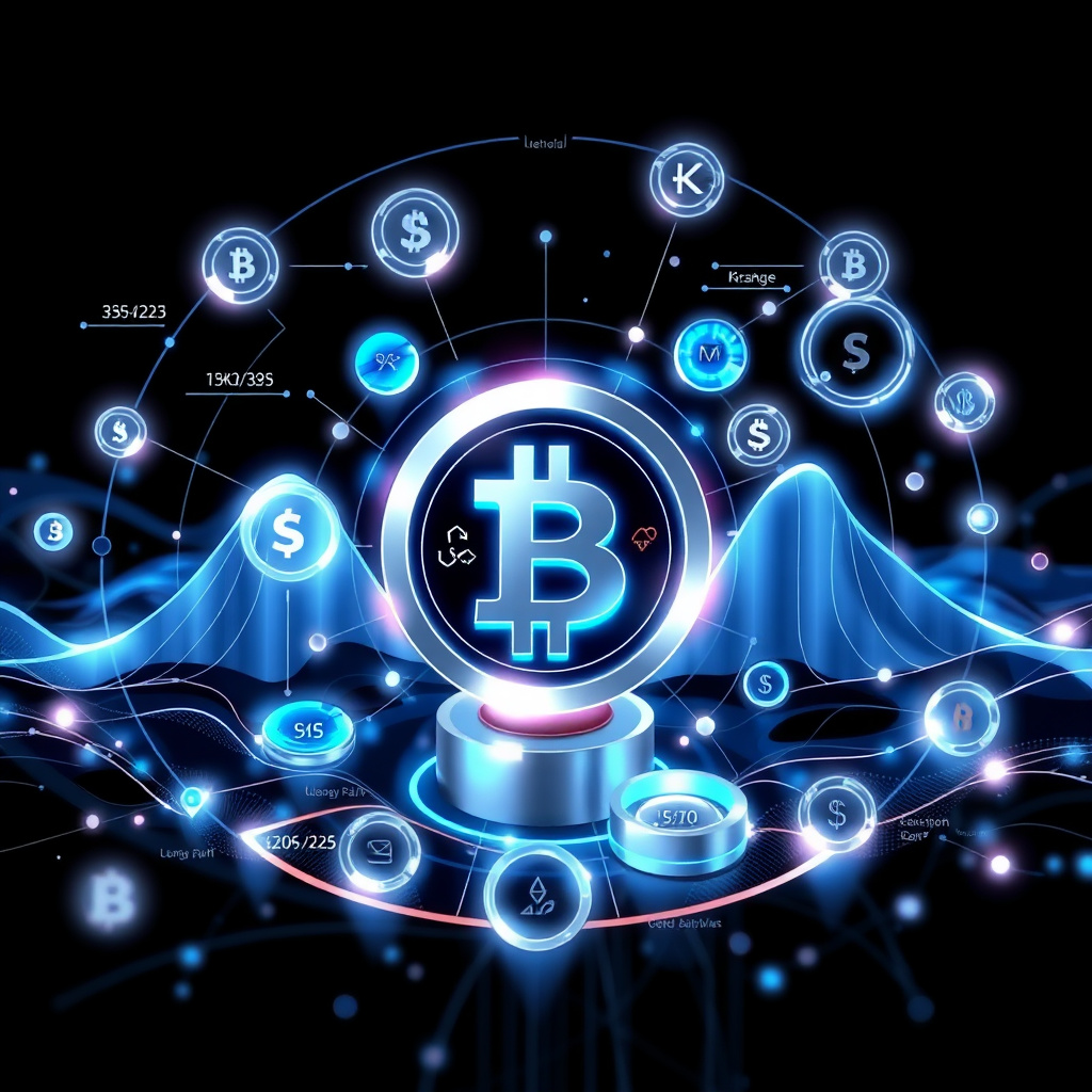 Digital cryptocurrency ecosystem visualization, silver and blue accents, modern abstract art, glo... (generated by AI)