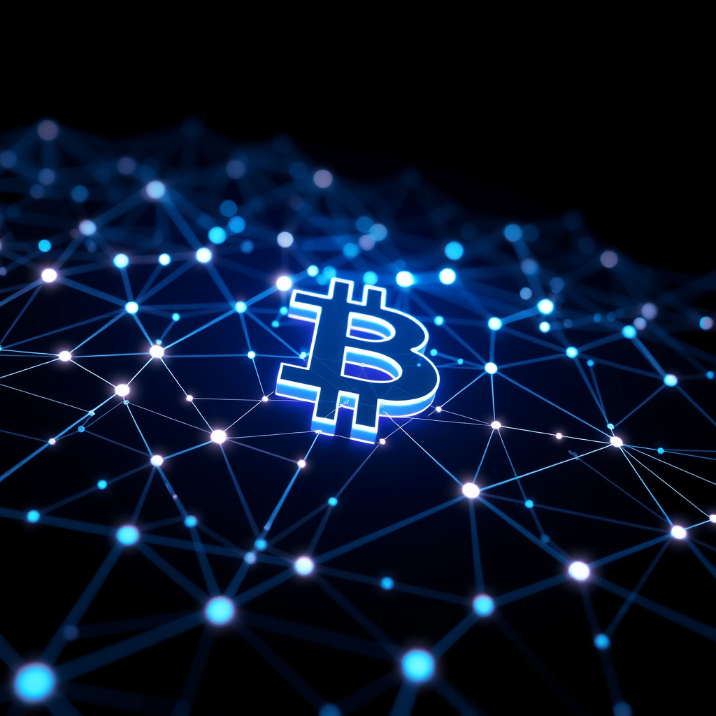 Blockchain network visualization, holographic effects, glowing digital connections, dark backgrou... (generated by AI)