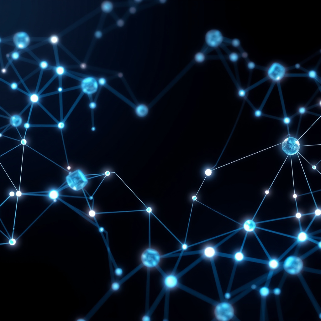 Blockchain network visualization, crystalline structures, glowing digital connections, dark backg... (generated by AI)