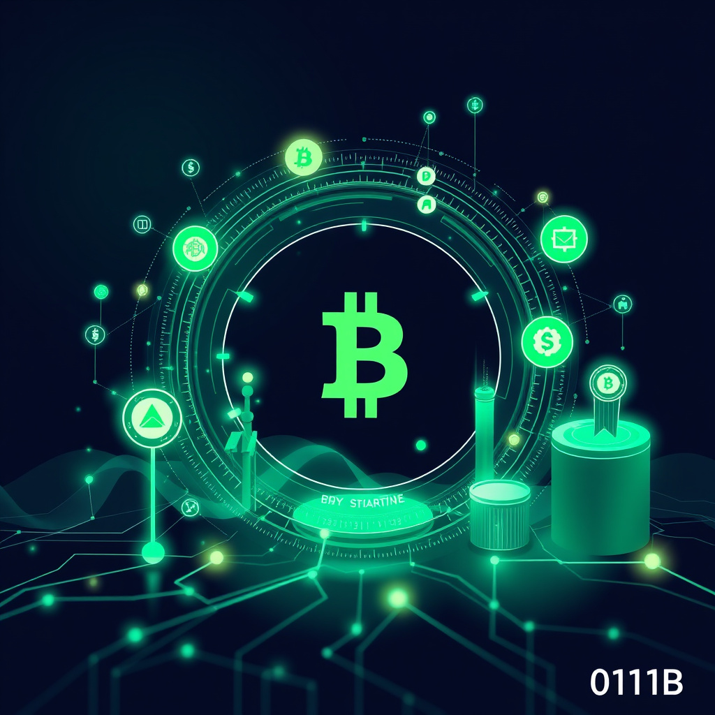 Digital cryptocurrency ecosystem visualization, green and cyan tones, modern abstract art, glowin... (generated by AI)