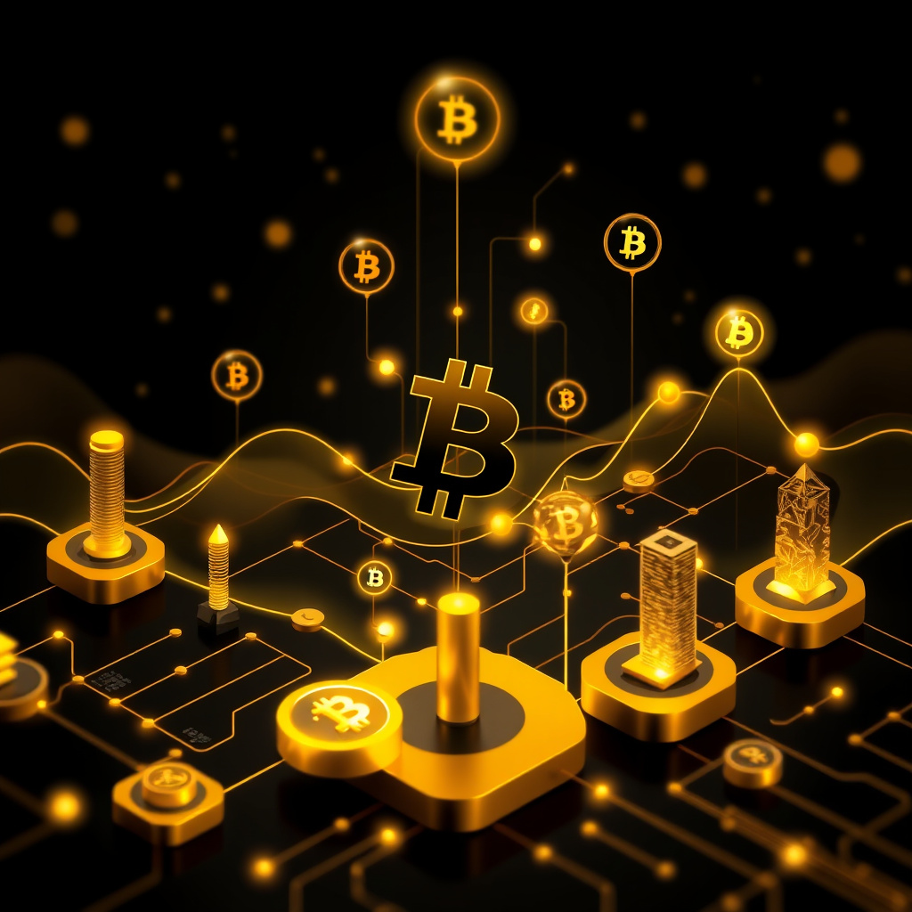 Digital cryptocurrency ecosystem visualization, gold and black theme, modern abstract art, glowin... (generated by AI)