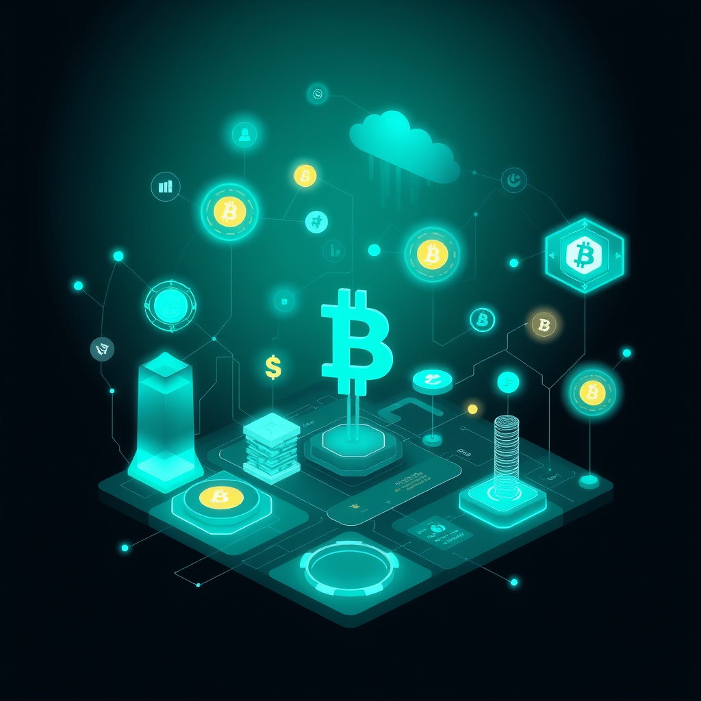 Digital cryptocurrency ecosystem visualization, teal and mint colors, modern abstract art, glowin... (generated by AI)