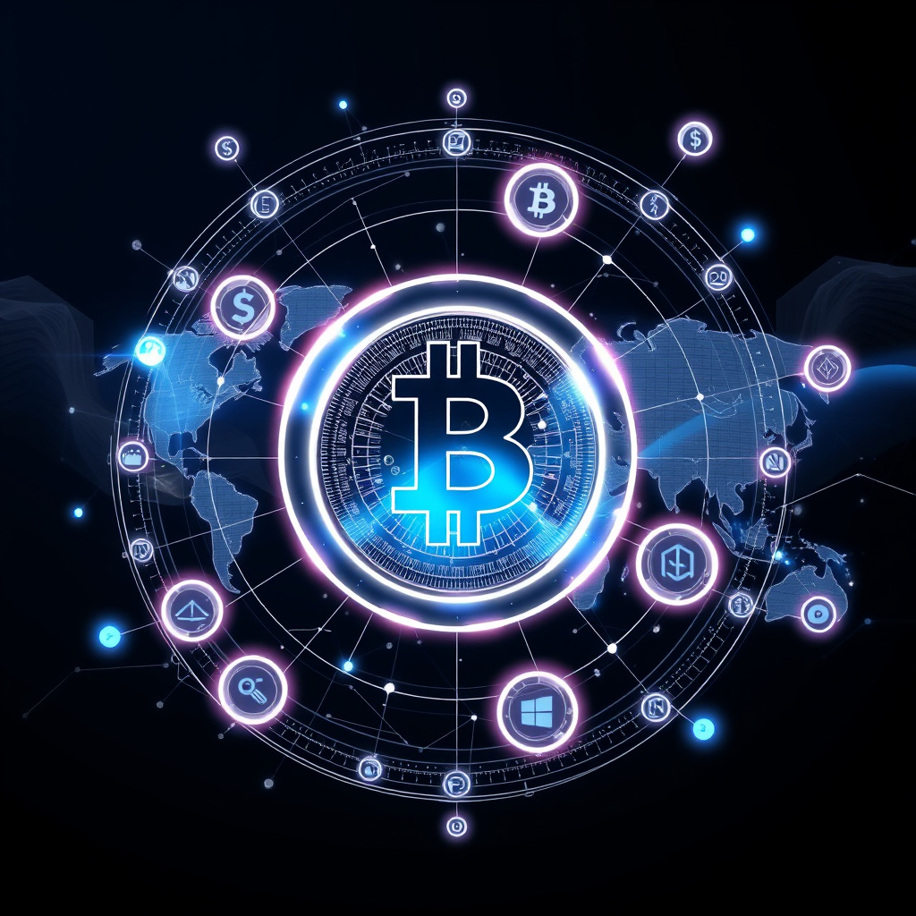 Digital cryptocurrency ecosystem visualization, silver and blue accents, modern abstract art, glo... (generated by AI)