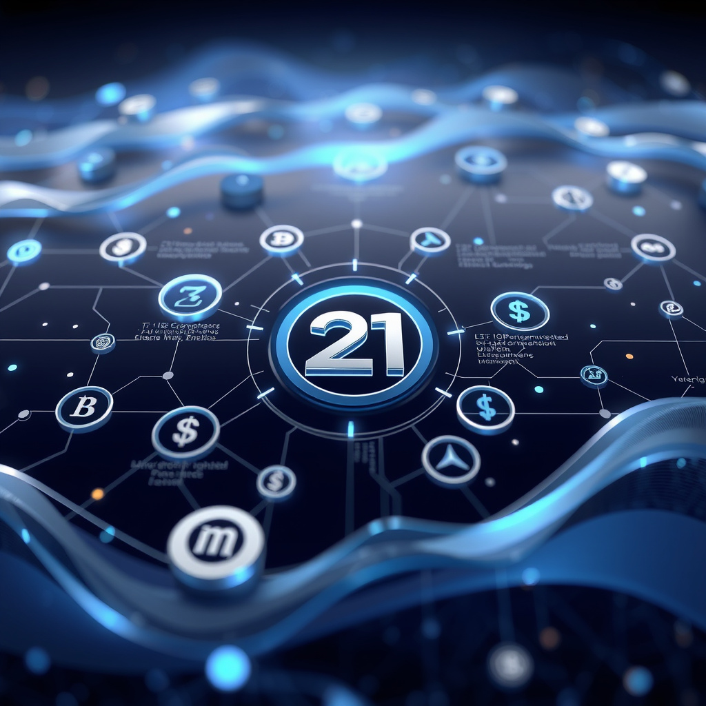 Digital cryptocurrency ecosystem visualization, silver and blue accents, modern abstract art, glo... (generated by AI)