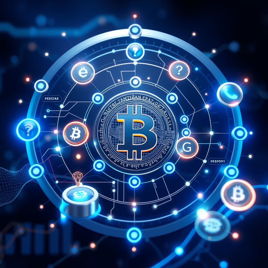 Digital cryptocurrency ecosystem visualization, silver and blue accents, modern abstract art, glo... (generated by AI)