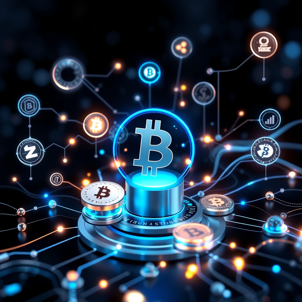 Digital cryptocurrency ecosystem visualization, silver and blue accents, modern abstract art, glo... (generated by AI)