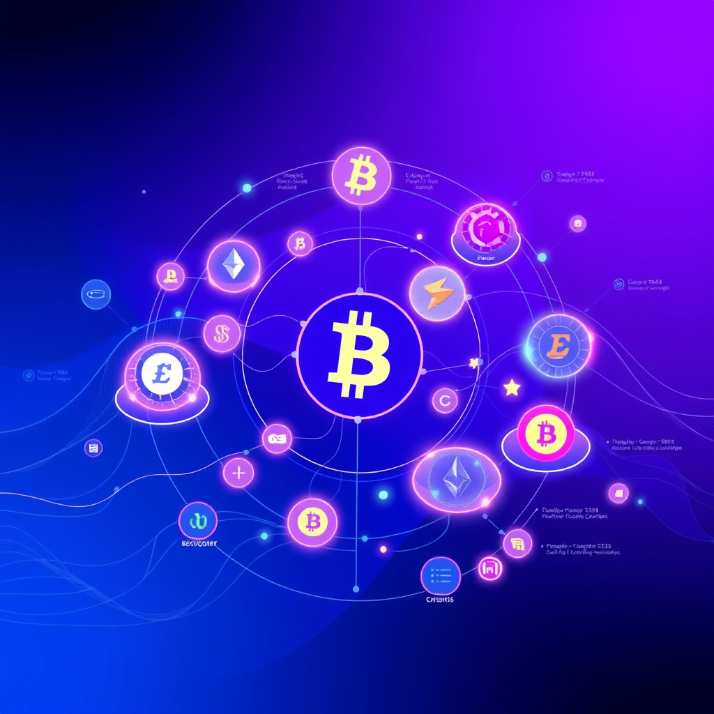 Digital cryptocurrency ecosystem visualization, blue and purple gradients, modern abstract art, g... (generated by AI)