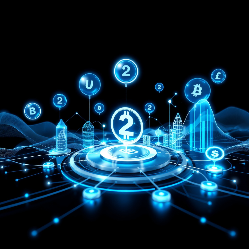 Digital cryptocurrency ecosystem visualization, silver and blue accents, modern abstract art, glo... (generated by AI)