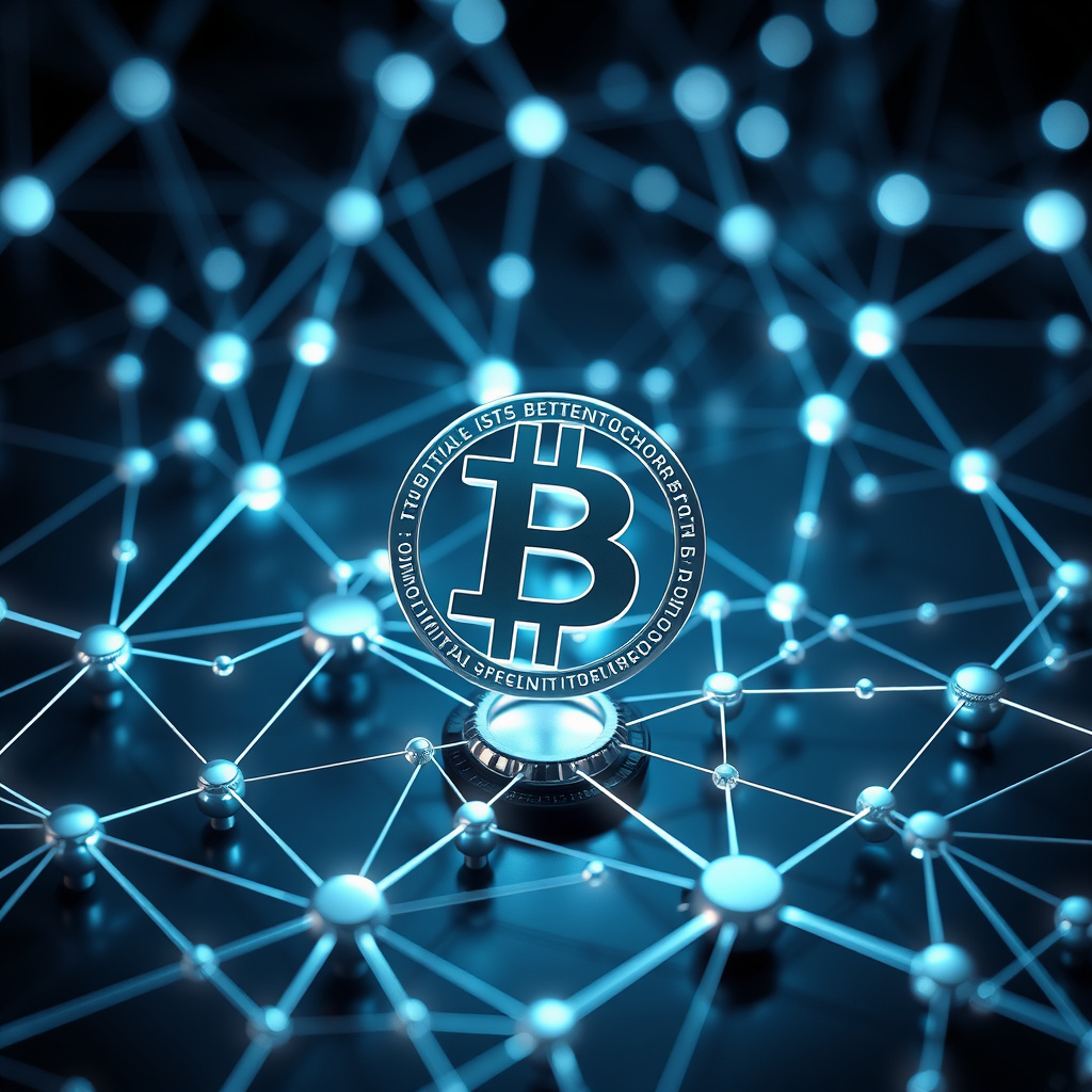 Blockchain network visualization, metallic surfaces, glowing digital connections, dark background... (generated by AI)