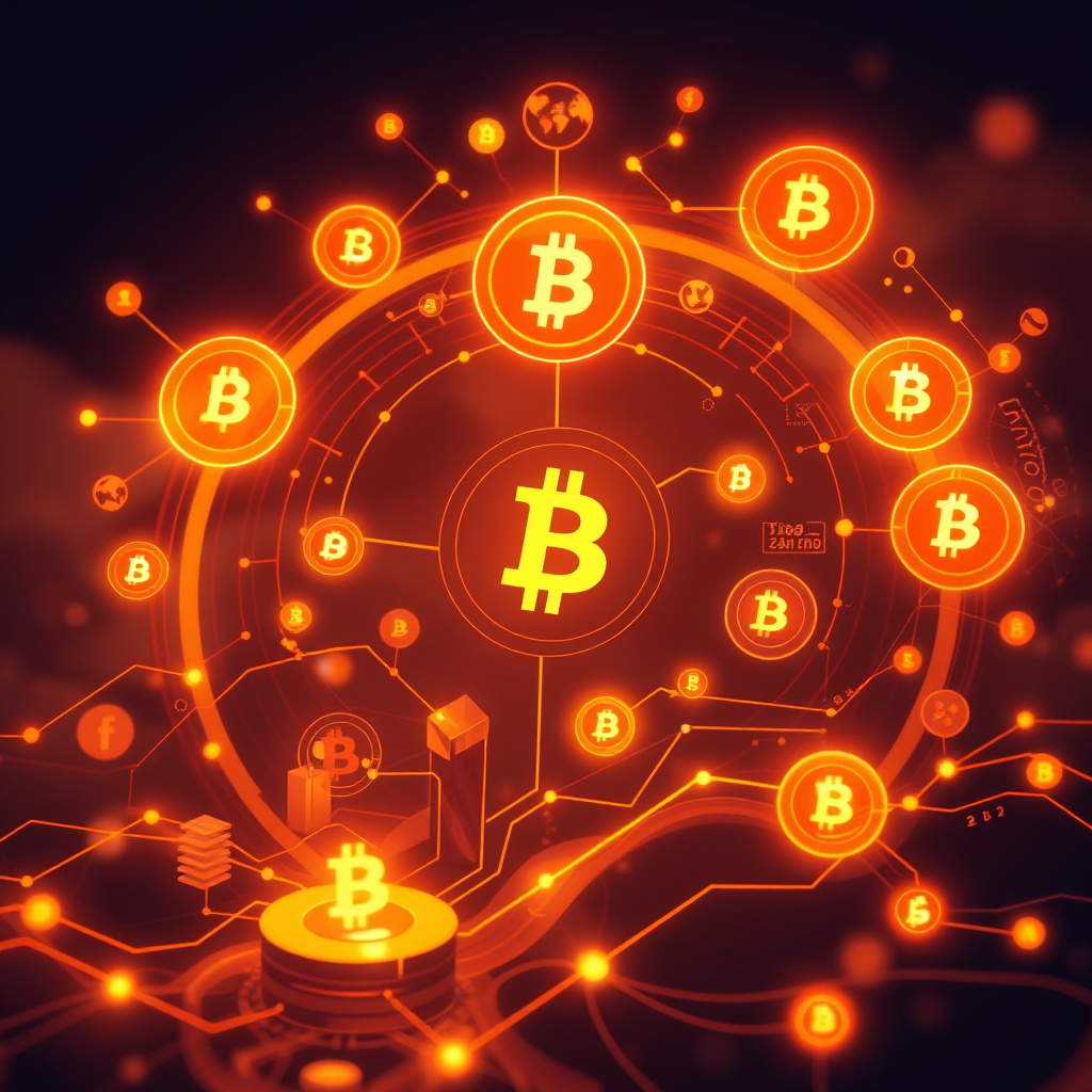 Digital cryptocurrency ecosystem visualization, amber and copper tones, modern abstract art, glow... (generated by AI)