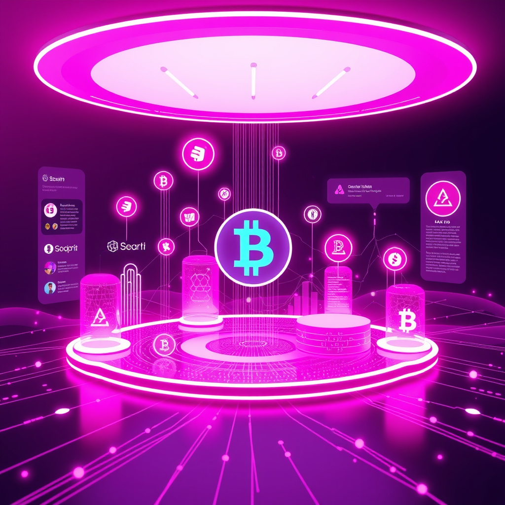 Digital cryptocurrency ecosystem visualization, pink and purple hues, modern abstract art, glowin... (generated by AI)
