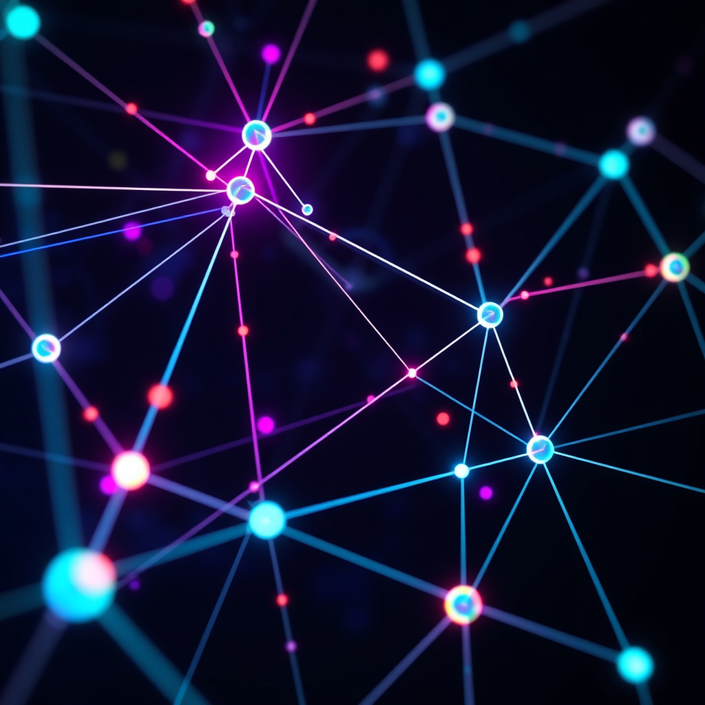 Digital network visualization showing ethereum connections, synthwave colors, glowing nodes and l... (generated by AI)