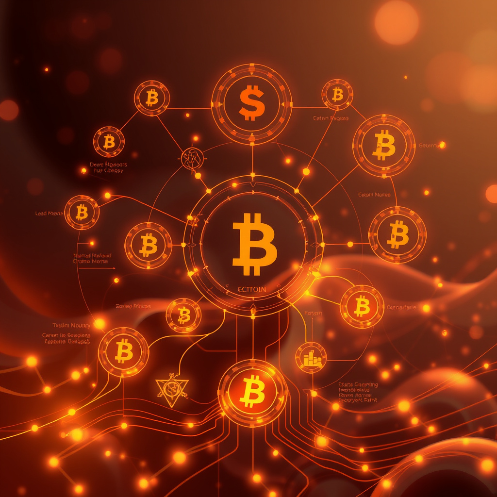 Digital cryptocurrency ecosystem visualization, amber and copper tones, modern abstract art, glow... (generated by AI)