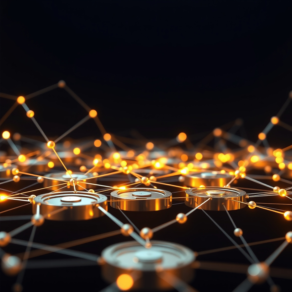 Blockchain network visualization, metallic surfaces, glowing digital connections, dark background... (generated by AI)