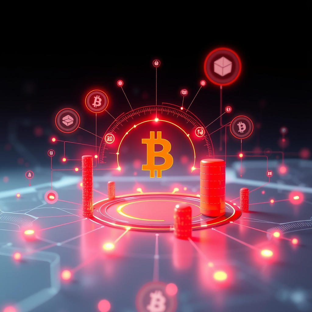 Digital cryptocurrency ecosystem visualization, orange and red highlights, modern abstract art, g... (generated by AI)