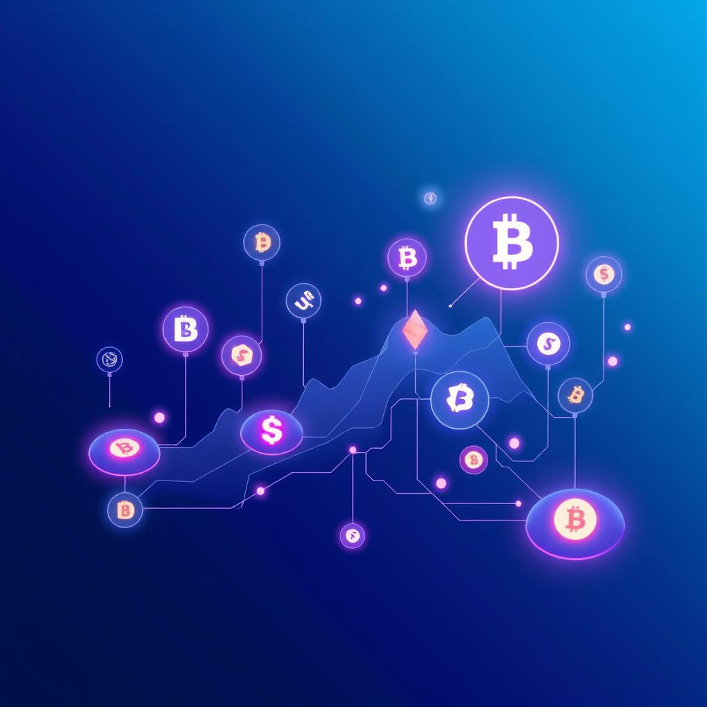 Digital cryptocurrency ecosystem visualization, blue and purple gradients, modern abstract art, g... (generated by AI)