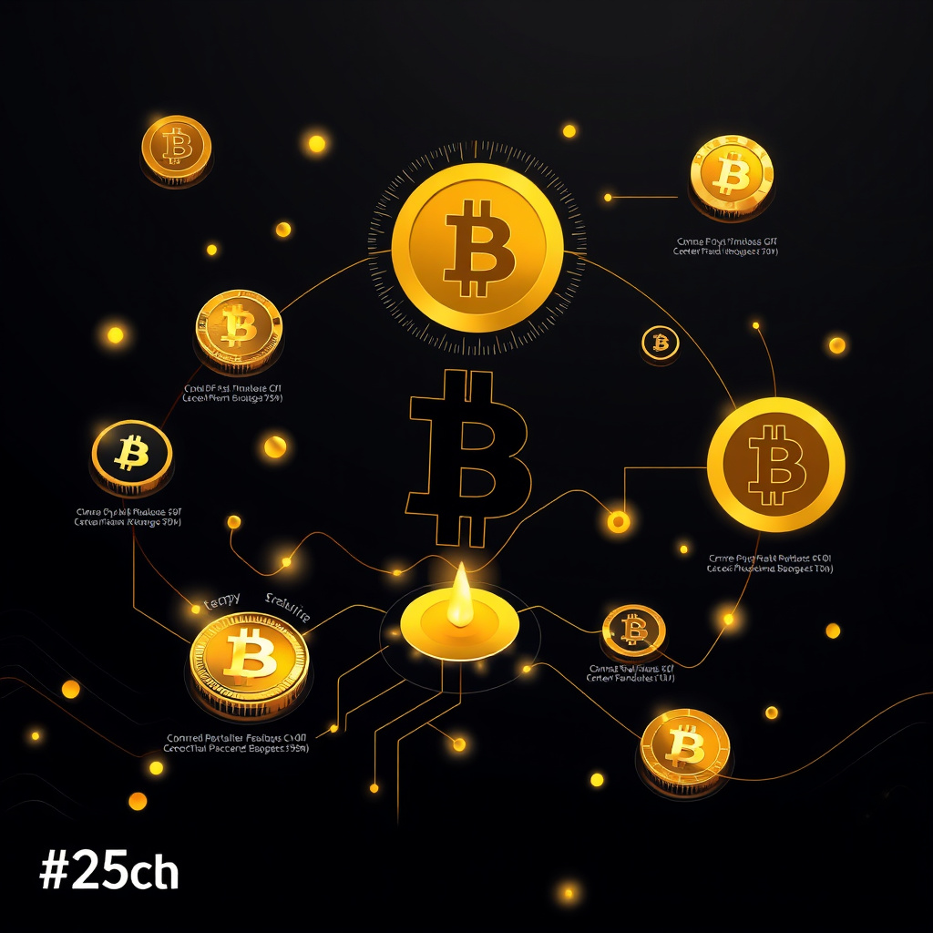 Digital cryptocurrency ecosystem visualization, gold and black theme, modern abstract art, glowin... (generated by AI)