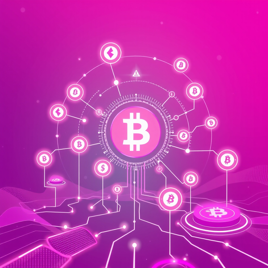 Digital cryptocurrency ecosystem visualization, pink and purple hues, modern abstract art, glowin... (generated by AI)