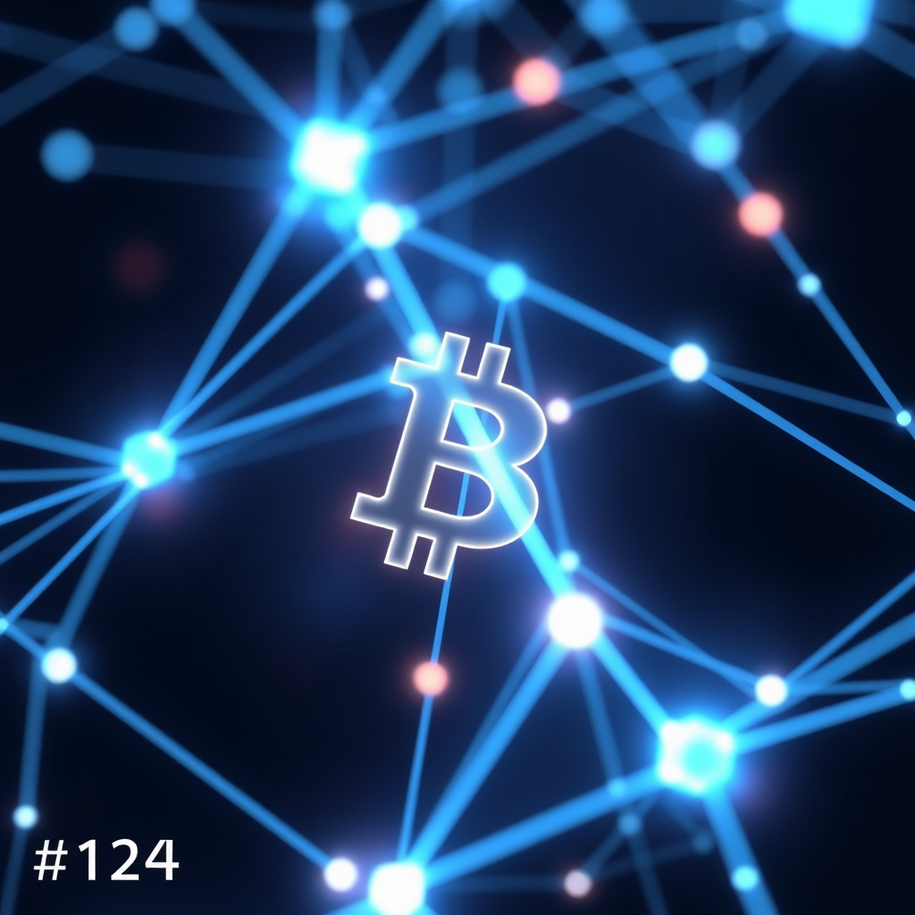 Blockchain network visualization, abstract geometric forms, glowing digital connections, dark bac... (generated by AI)