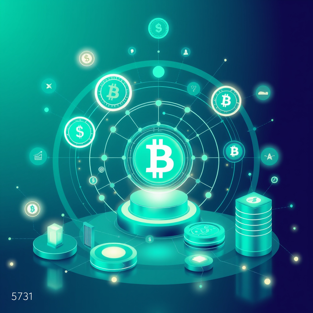 Digital cryptocurrency ecosystem visualization, teal and mint colors, modern abstract art, glowin... (generated by AI)