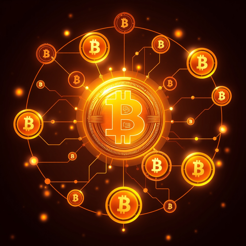 Digital cryptocurrency ecosystem visualization, amber and copper tones, modern abstract art, glow... (generated by AI)