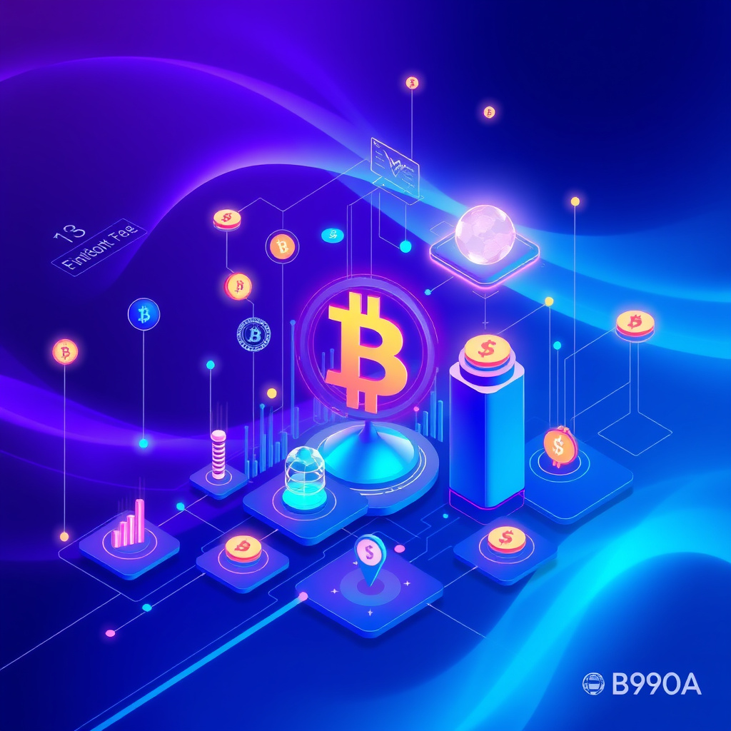 Digital cryptocurrency ecosystem visualization, blue and purple gradients, modern abstract art, g... (generated by AI)