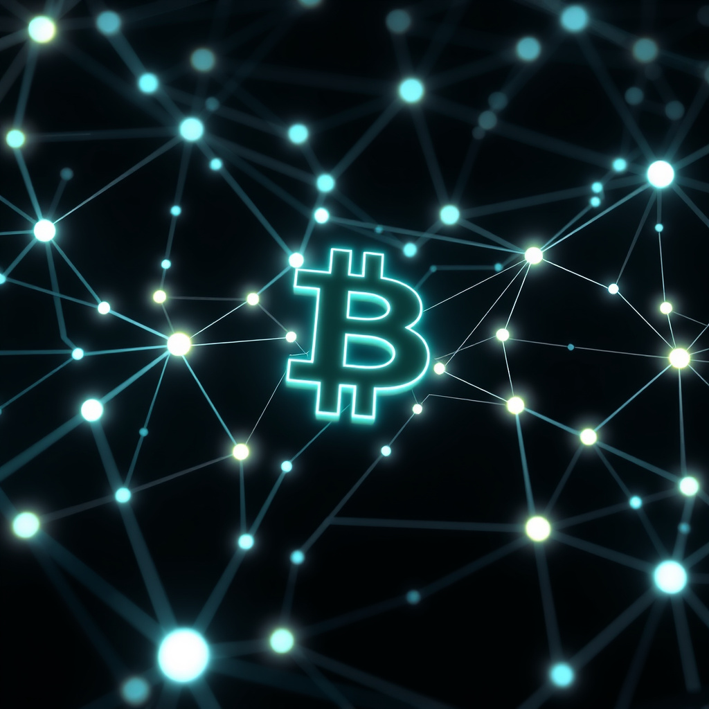 Blockchain network visualization, holographic effects, glowing digital connections, dark backgrou... (generated by AI)