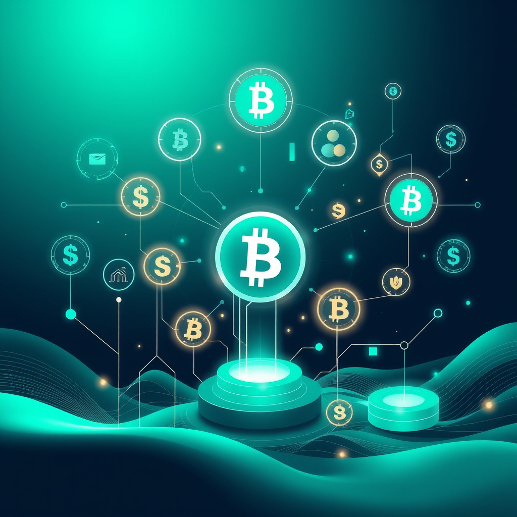 Digital cryptocurrency ecosystem visualization, teal and mint colors, modern abstract art, glowin... (generated by AI)