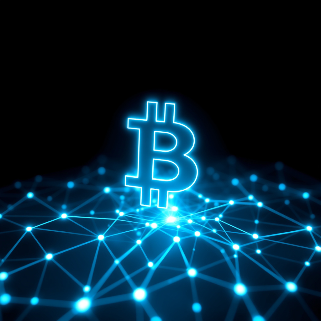 Blockchain network visualization, holographic effects, glowing digital connections, dark backgrou... (generated by AI)