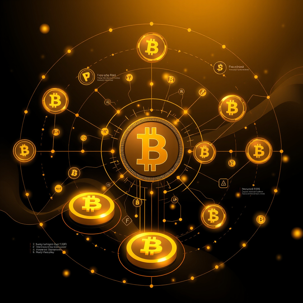 Digital cryptocurrency ecosystem visualization, gold and black theme, modern abstract art, glowin... (generated by AI)
