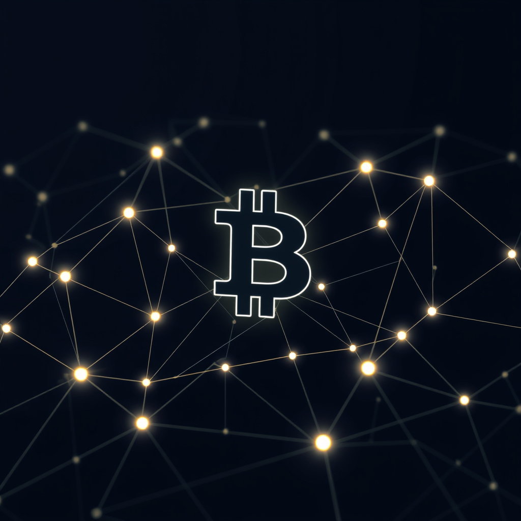 Blockchain network visualization, minimalist design, glowing digital connections, dark background... (generated by AI)