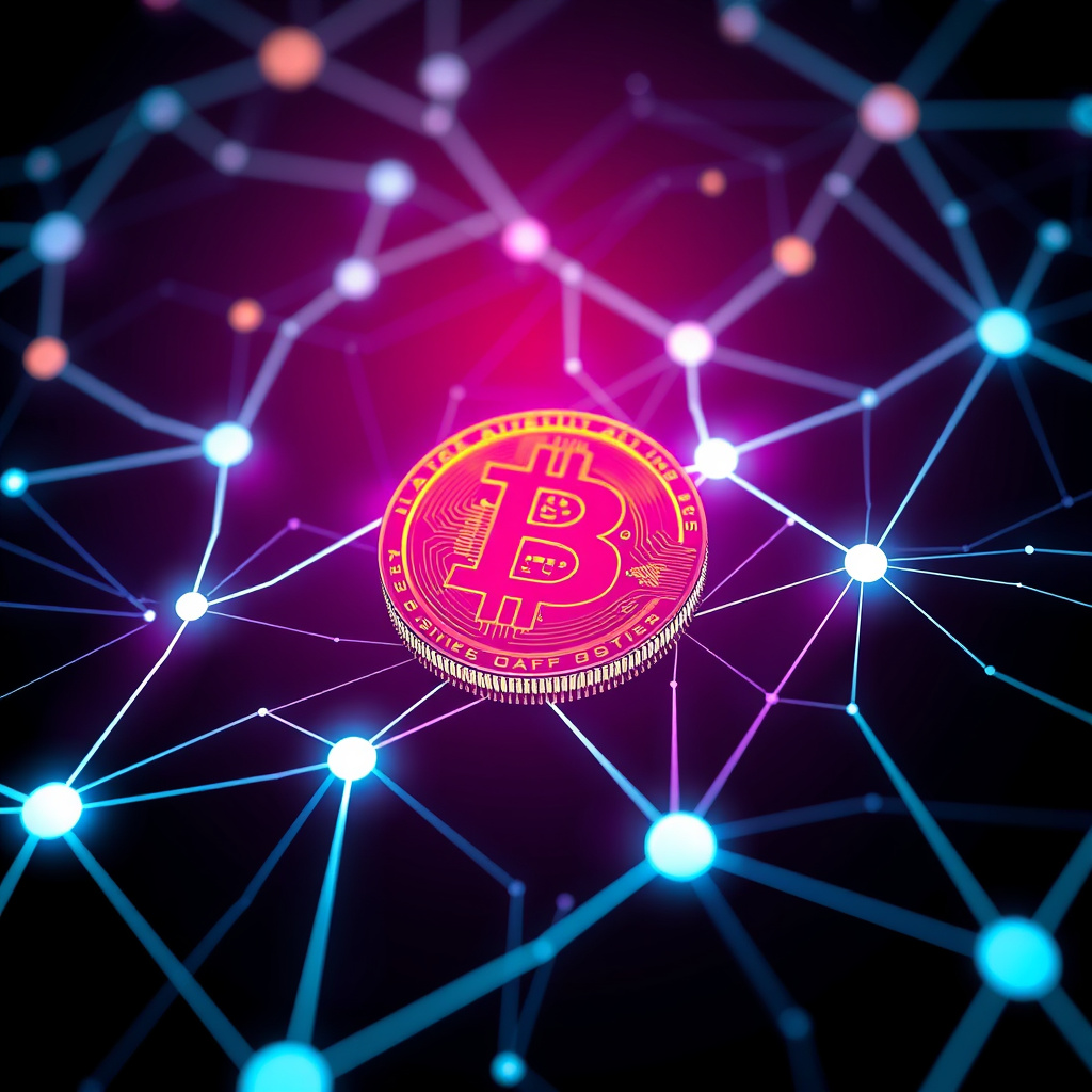 Blockchain network visualization, synthwave colors, glowing digital connections, dark background,... (generated by AI)