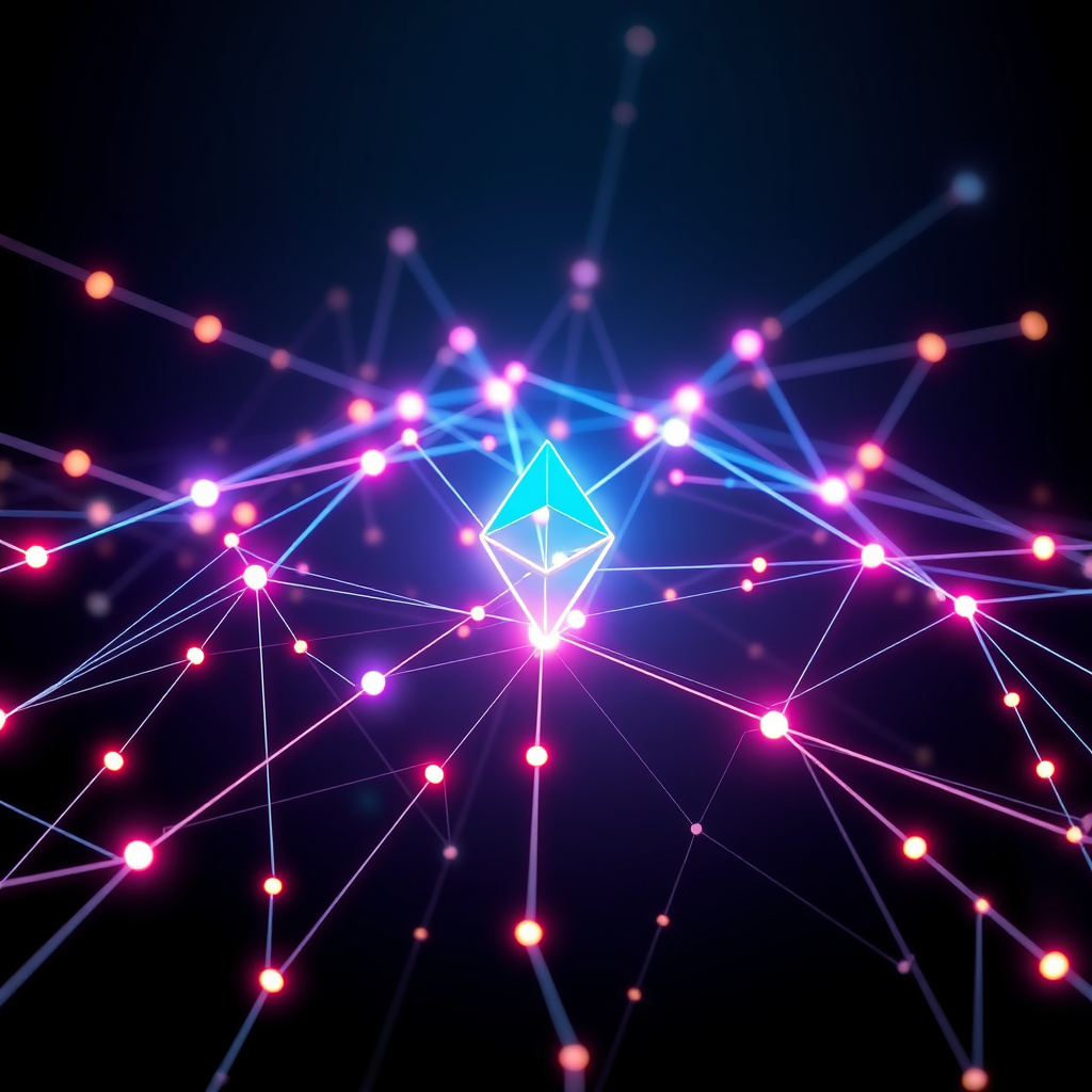 Digital network visualization showing ethereum connections, synthwave colors, glowing nodes and l... (generated by AI)