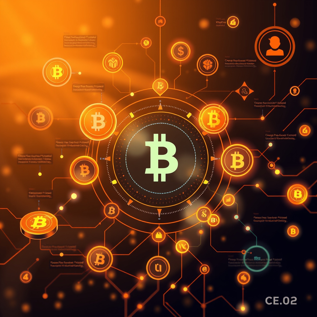 Digital cryptocurrency ecosystem visualization, amber and copper tones, modern abstract art, glow... (generated by AI)