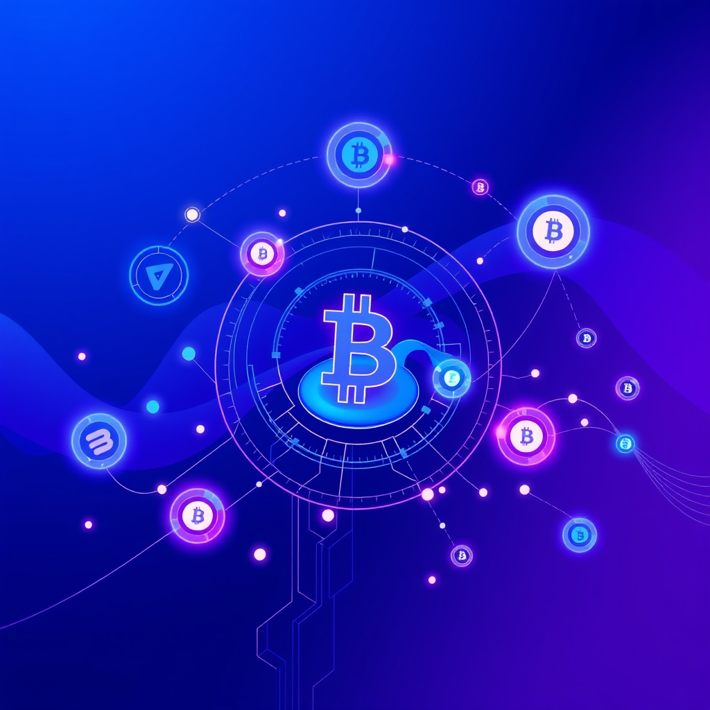 Digital cryptocurrency ecosystem visualization, blue and purple gradients, modern abstract art, g... (generated by AI)