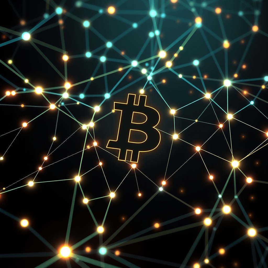 Blockchain network visualization, cyberpunk aesthetic, glowing digital connections, dark backgrou... (generated by AI)