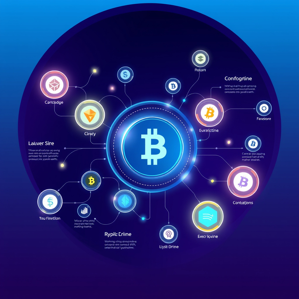 Digital cryptocurrency ecosystem visualization, blue and purple gradients, modern abstract art, g... (generated by AI)