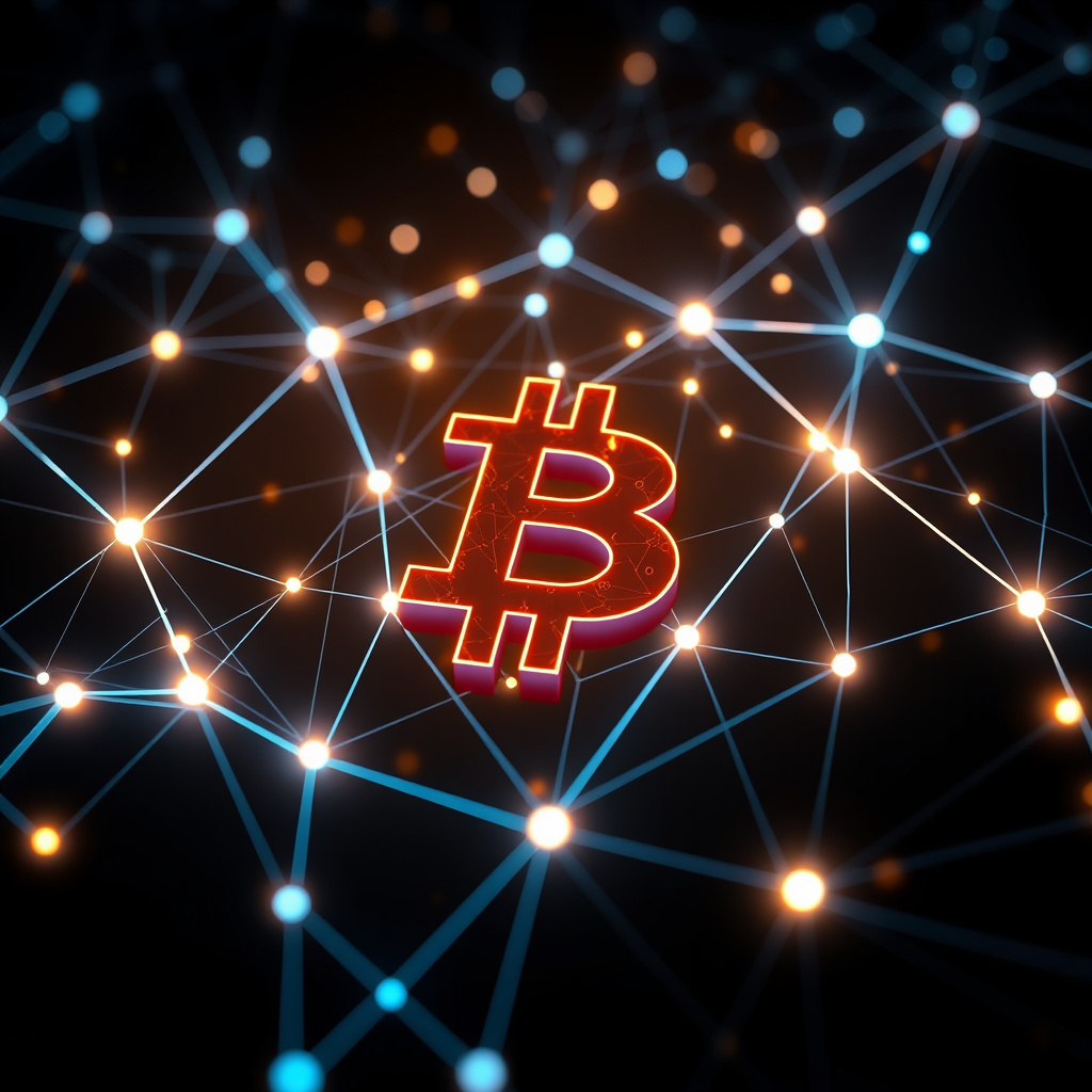 Blockchain network visualization, holographic effects, glowing digital connections, dark backgrou... (generated by AI)