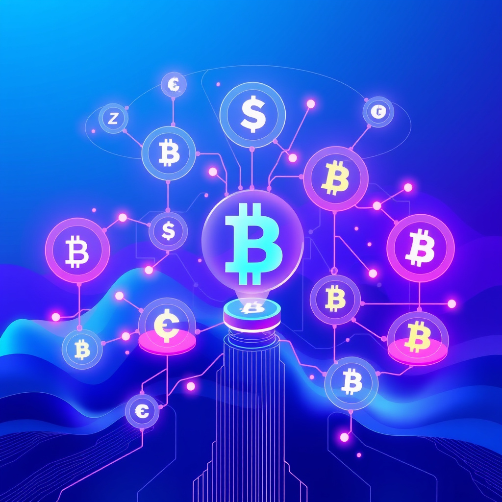 Digital cryptocurrency ecosystem visualization, blue and purple gradients, modern abstract art, g... (generated by AI)