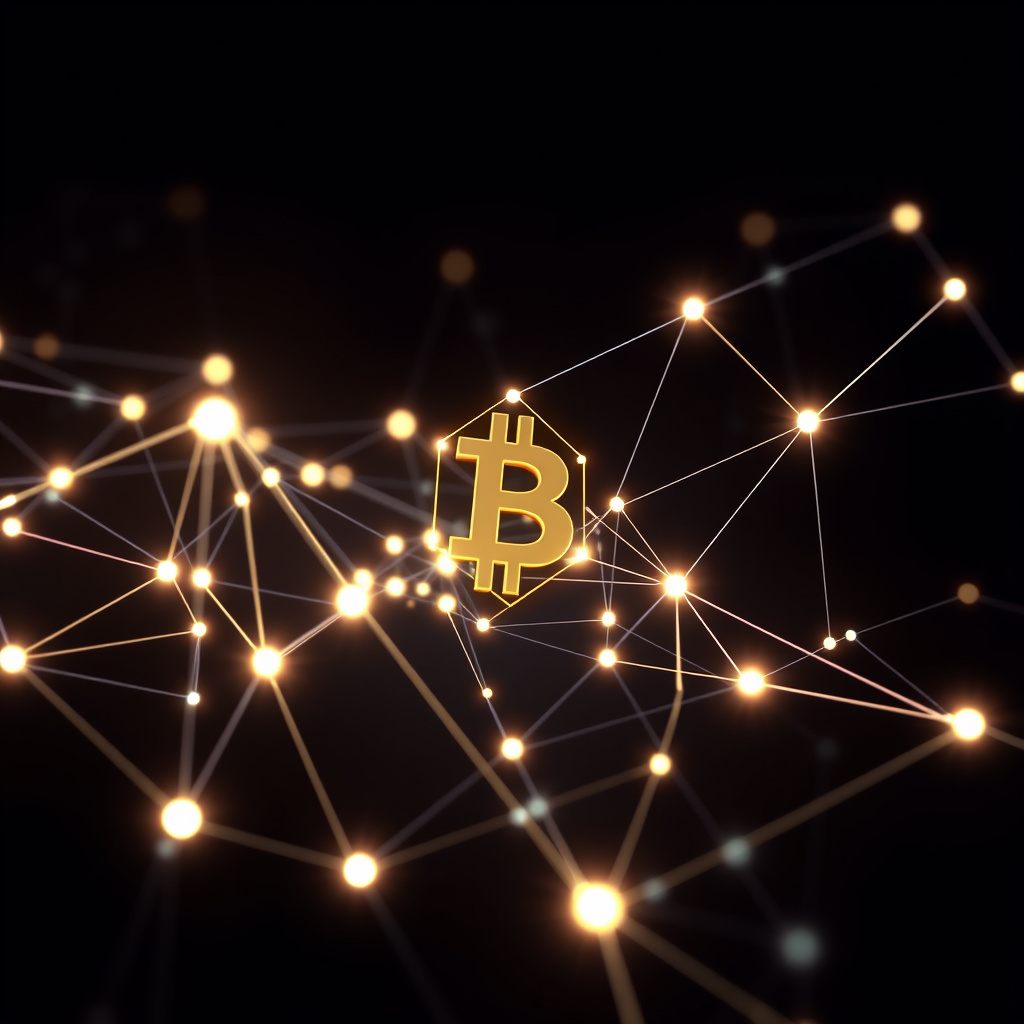 Blockchain network visualization, abstract geometric forms, glowing digital connections, dark bac... (generated by AI)