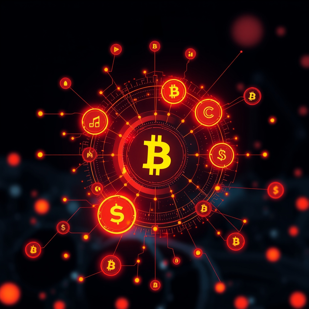 Digital cryptocurrency ecosystem visualization, orange and red highlights, modern abstract art, g... (generated by AI)