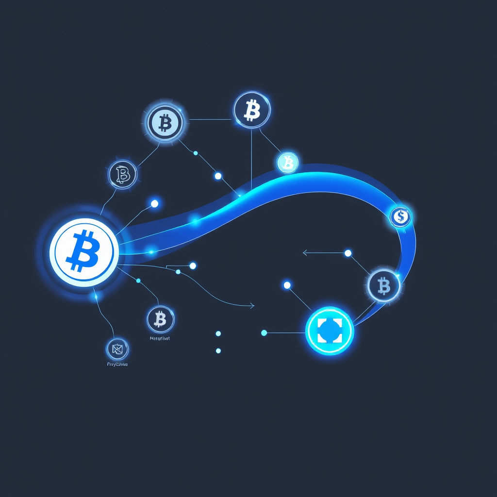Digital cryptocurrency ecosystem visualization, silver and blue accents, modern abstract art, glo... (generated by AI)