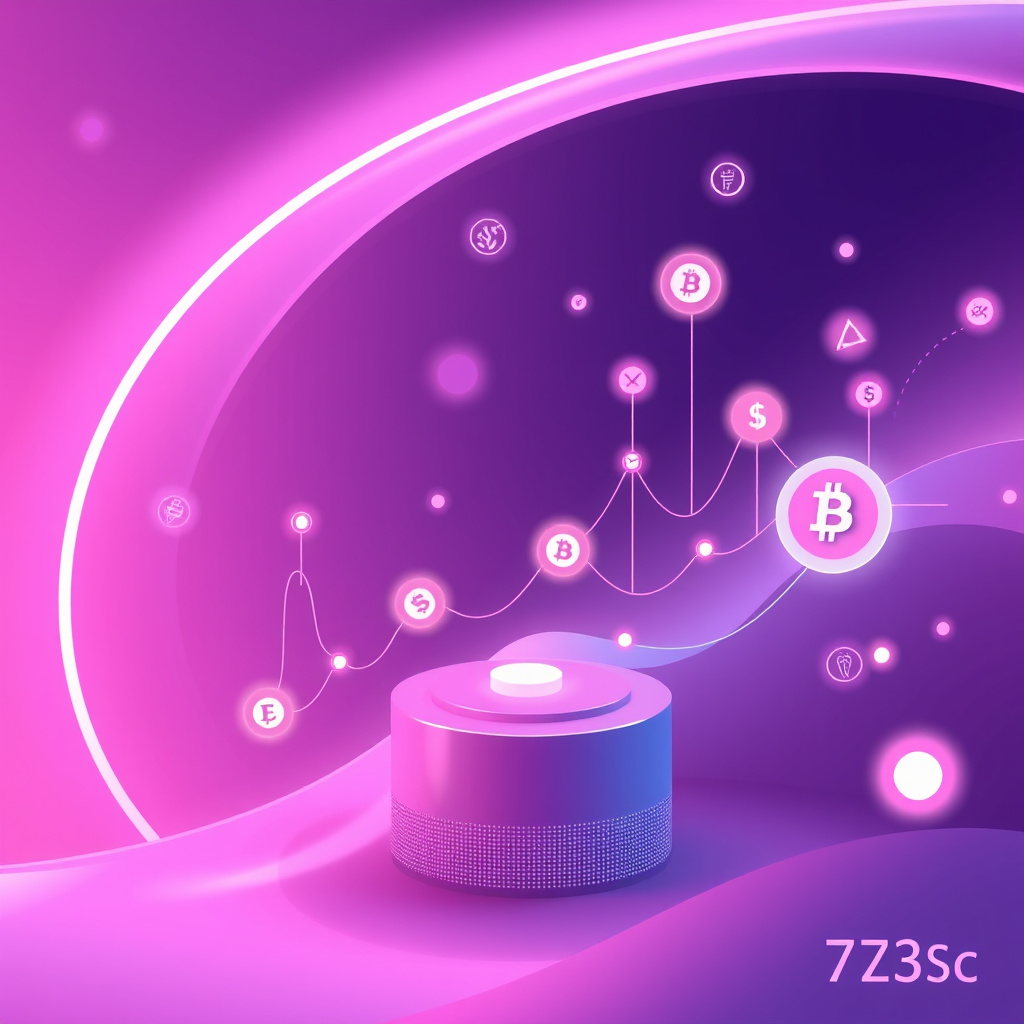 Digital cryptocurrency ecosystem visualization, pink and purple hues, modern abstract art, glowin... (generated by AI)