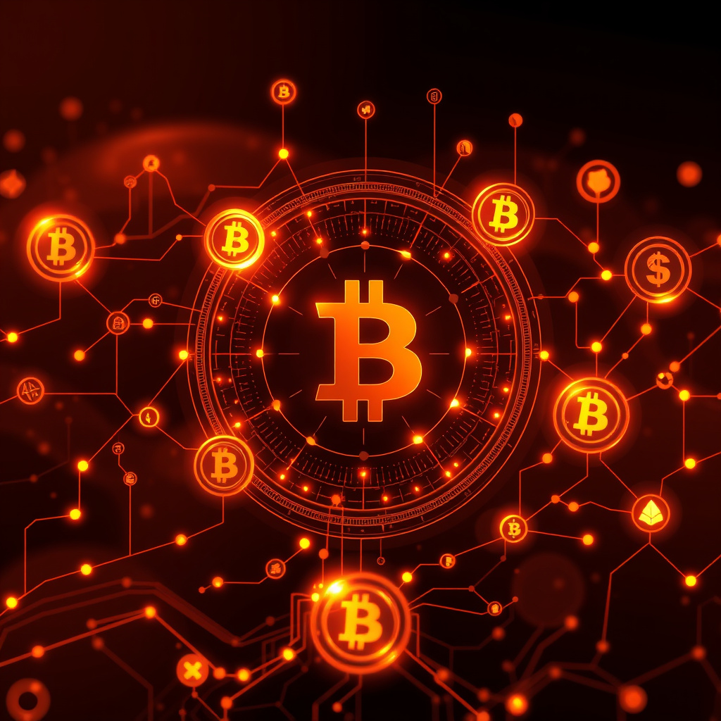 Digital cryptocurrency ecosystem visualization, amber and copper tones, modern abstract art, glow... (generated by AI)