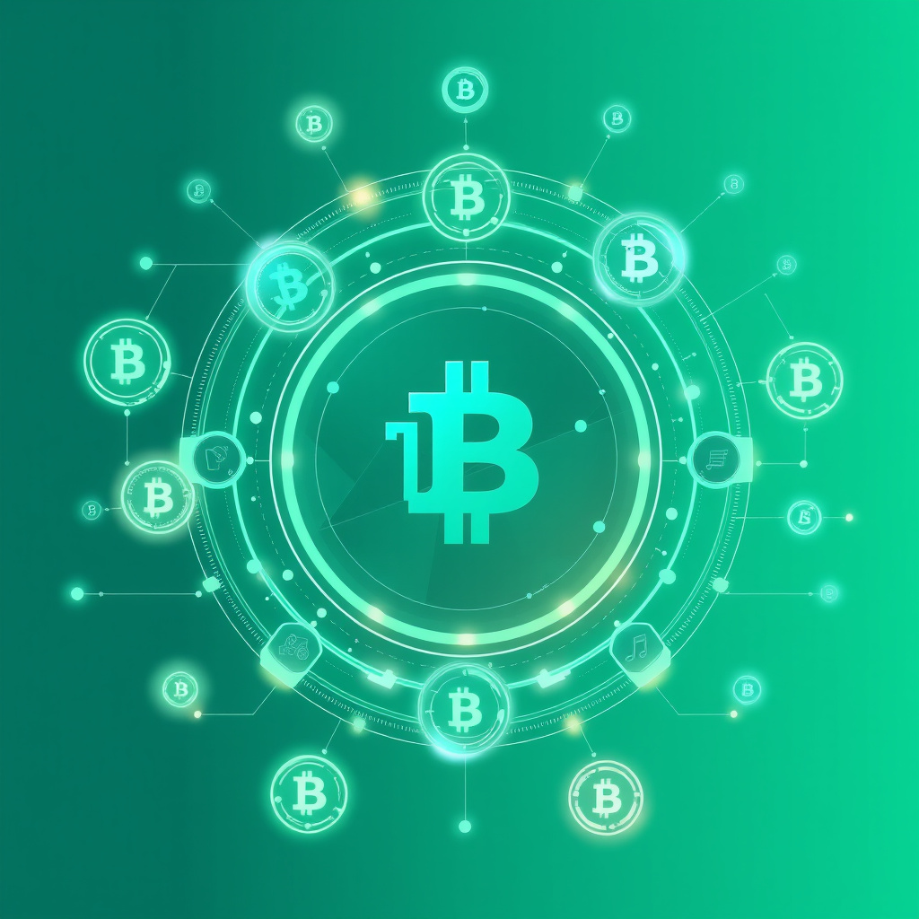 Digital cryptocurrency ecosystem visualization, teal and mint colors, modern abstract art, glowin... (generated by AI)
